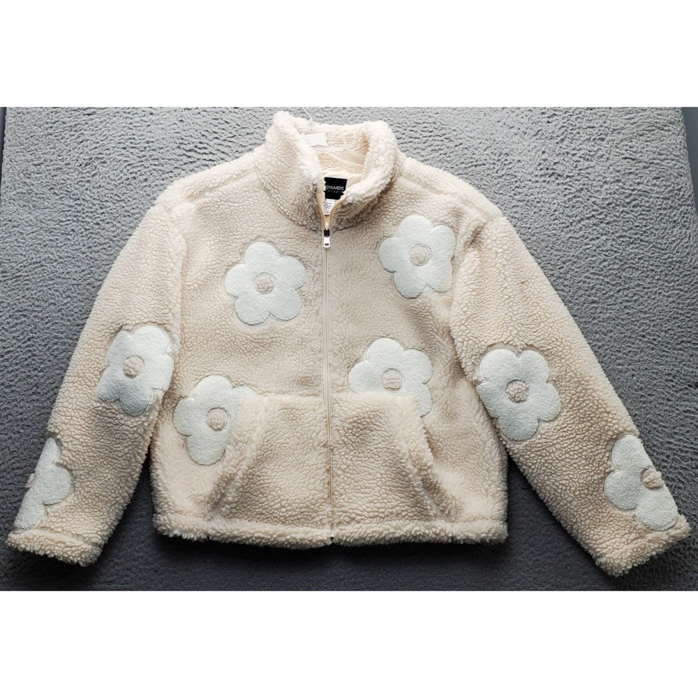 Mark Edwards Jacket Womens Medium Cream Flower Teddy Sherpa Mock Neck Zip Up ECU